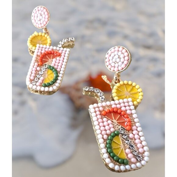 Tropical Cocktail Earrings Beaded Dangle Posts Lemon Lime Cruise Island … - Picture 3 of 12